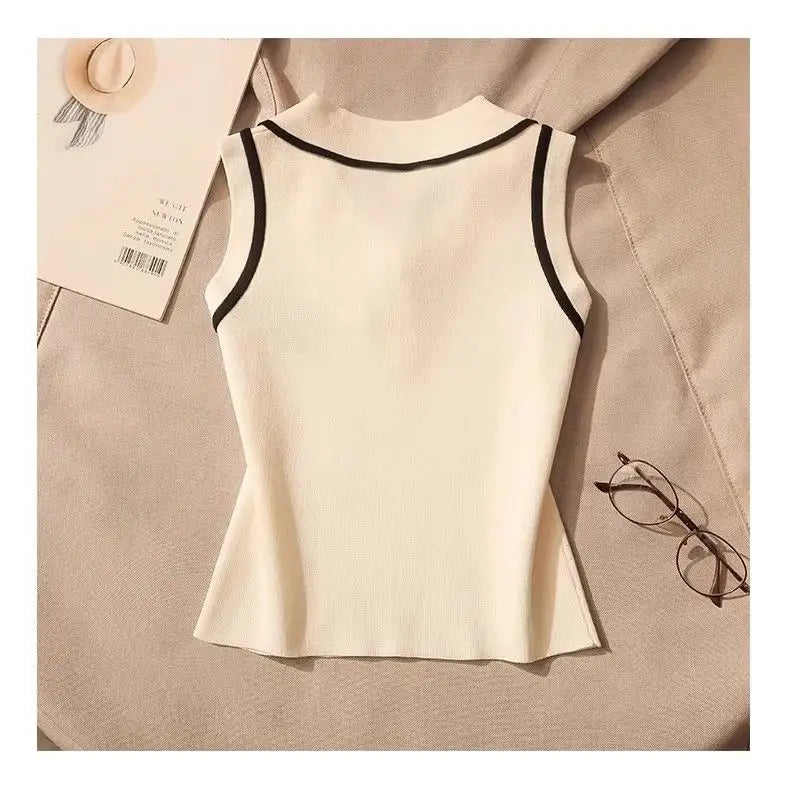 Women Summer Simplicity Office Lady Solid Color Polo Collar Knitting Tank Top Ladies Fashion All-match Trend Sleeveless Tops