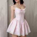 Women Sexy Pink White Jacquard Floral Bow Lacing Up Sling Dress Low Waist Spliced Lace Ball Gown Mini Dresses Party Robe