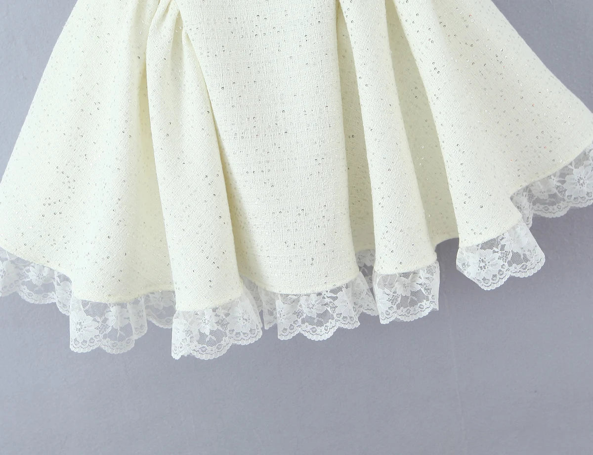 Sweet 3D Bow U collar Bright Sequins Tweed Tank Dress Women Back Zipper Low Waist Ruched Ball Gown Lace Hem Short Sling Vestidos