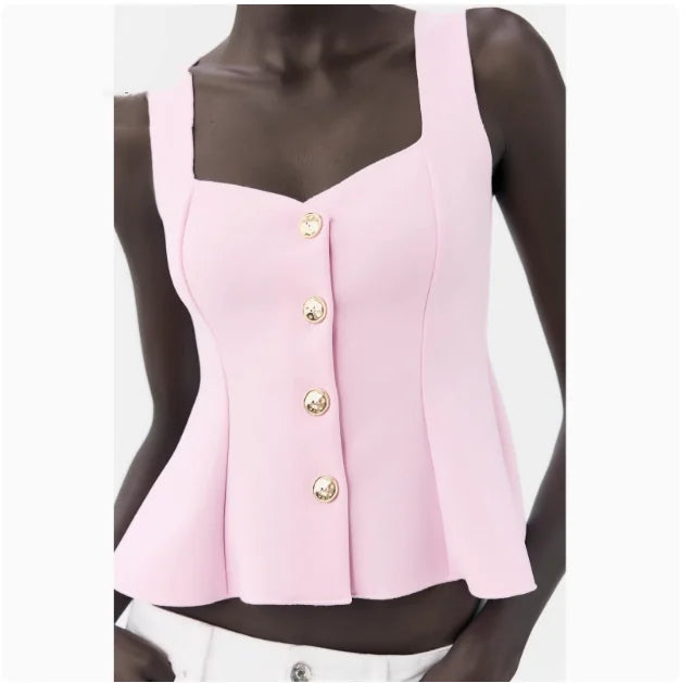Sweet Style Women's Elastic Vest Strap Top New Summer 2025 Short Skirt Style Hem Single Button Fastening Regular Thickness