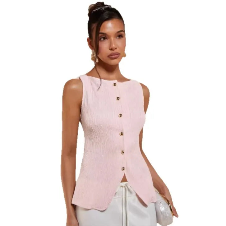 Gold Single-Button Sleeveless Knitted Vest Top Cross-Border Style Elegant Commute Fashion for Women in 2026 Spring Season