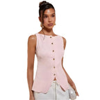 Gold Single-Button Sleeveless Knitted Vest Top Cross-Border Style Elegant Commute Fashion for Women in 2026 Spring Season