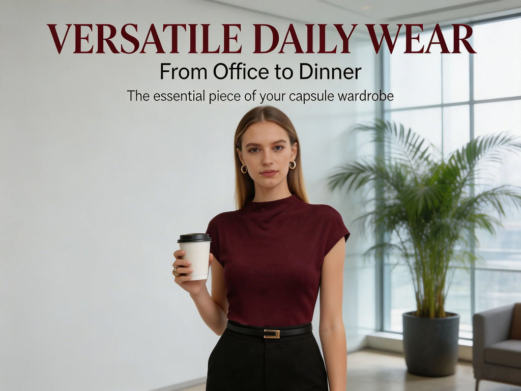 Hot Mock Neck Stretchy Slim Fit Burgundy Cap Sleeve Top, Blouse for Women Office & Daily