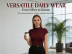 Hot Mock Neck Stretchy Slim Fit Burgundy Cap Sleeve Top, Blouse for Women Office & Daily