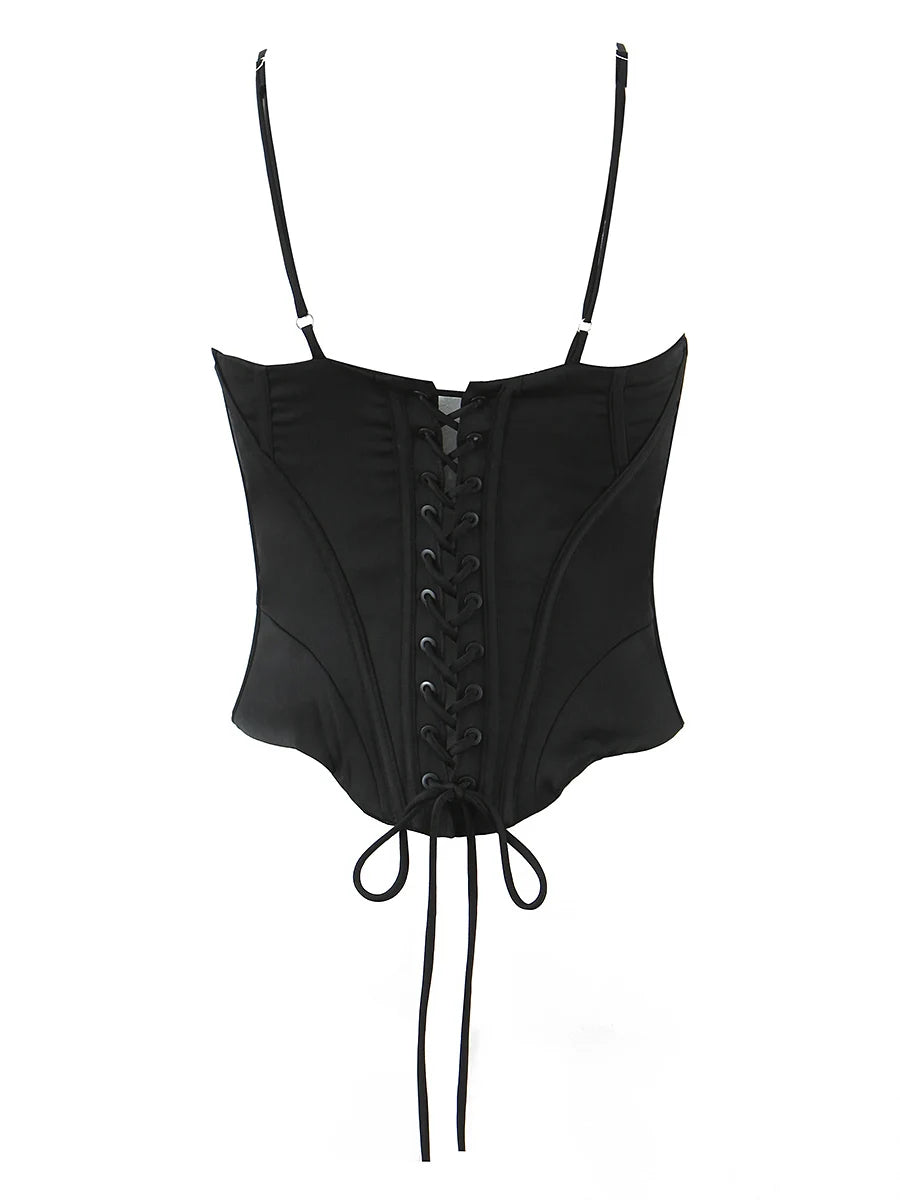 Retro Black Fishbone Tie Waist Corset Women's Sexy Lace Trim Satin Strap Vest Slim Fit Polyester Short Length  Color