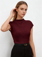 Hot Mock Neck Stretchy Slim Fit Burgundy Cap Sleeve Top, Blouse for Women Office & Daily