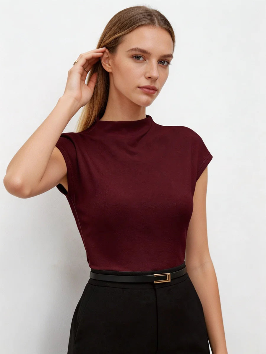 Hot Mock Neck Stretchy Slim Fit Burgundy Cap Sleeve Top, Blouse for Women Office & Daily