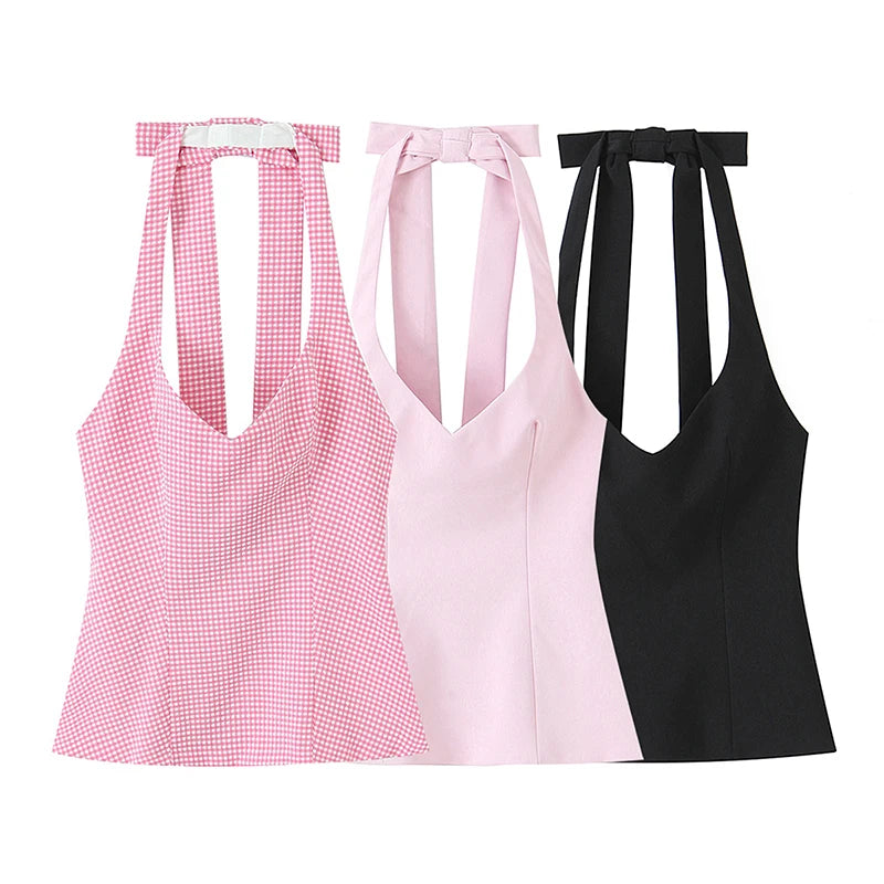 Chu Sau beauty Women New Fashion Sweet Bow Chic Sleeveless Small Tops Vintage Halter V-Neck Sexy Backless Tank Top