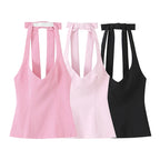 Chu Sau beauty Women New Fashion Sweet Bow Chic Sleeveless Small Tops Vintage Halter V-Neck Sexy Backless Tank Top