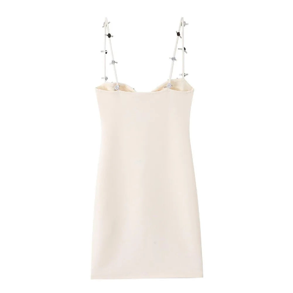 Sexy Beige Appliques 3D Flower Strap Bra Chest Corset Style Sling Dress Women Skinny Package Hips Mini Short Dresses Femme Robe