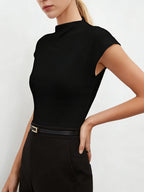 Hot Mock Neck Stretchy Slim Fit Burgundy Cap Sleeve Top, Blouse for Women Office & Daily