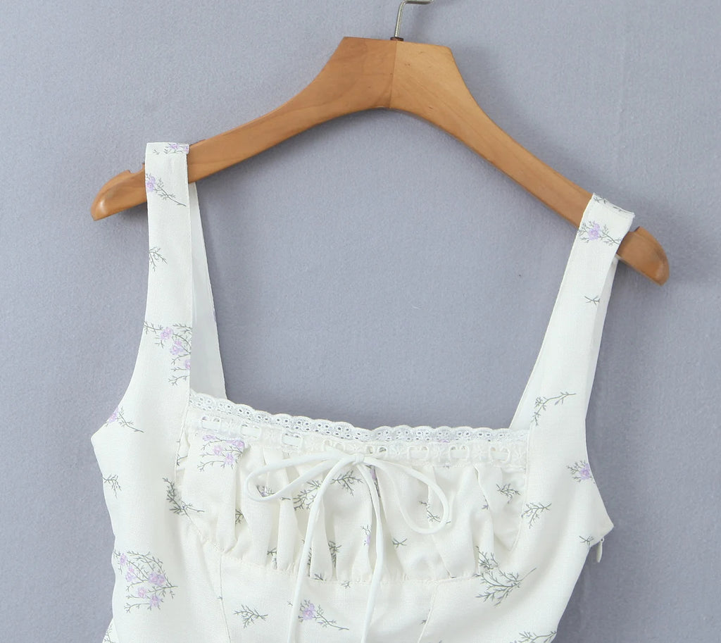 2025 Summer Sexy Floral Print Corset Camis Women Cross Lacing Up Bandage Bow Back Tank Top Slim Fit Vest Tee