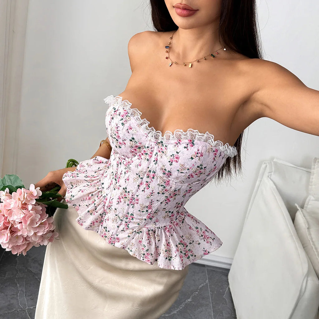 Ruffled Edges Floral Corset Women‘s Strapless Bustier FIshbone Tank Tops Sweet Girl Slim Camisole Shaper Cardigan Sexy Tube Top