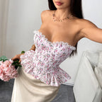 Ruffled Edges Floral Corset Women‘s Strapless Bustier FIshbone Tank Tops Sweet Girl Slim Camisole Shaper Cardigan Sexy Tube Top