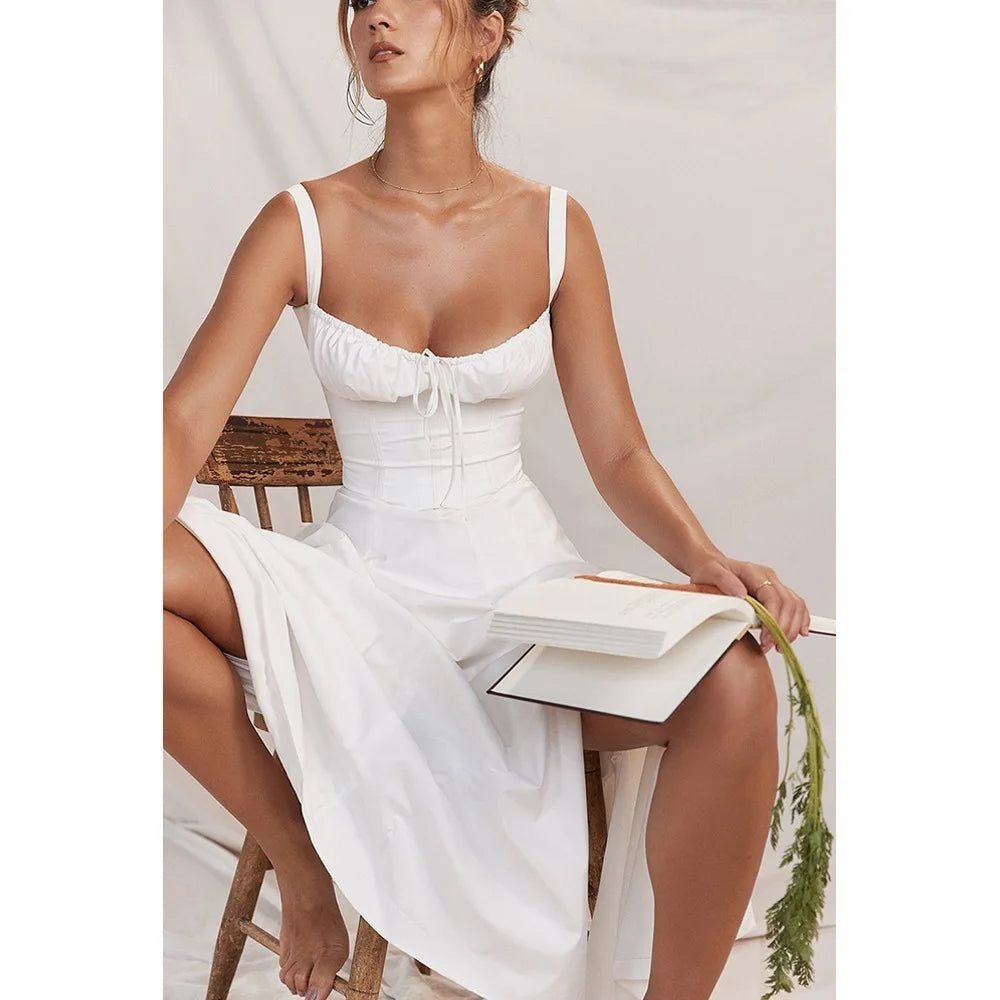 Sexy Pink Corset Midi Sun Dress Women's Lace Up Slit Dresses Female Bandage Sundress White Black Blue Yellow Red 2025 Summer New
