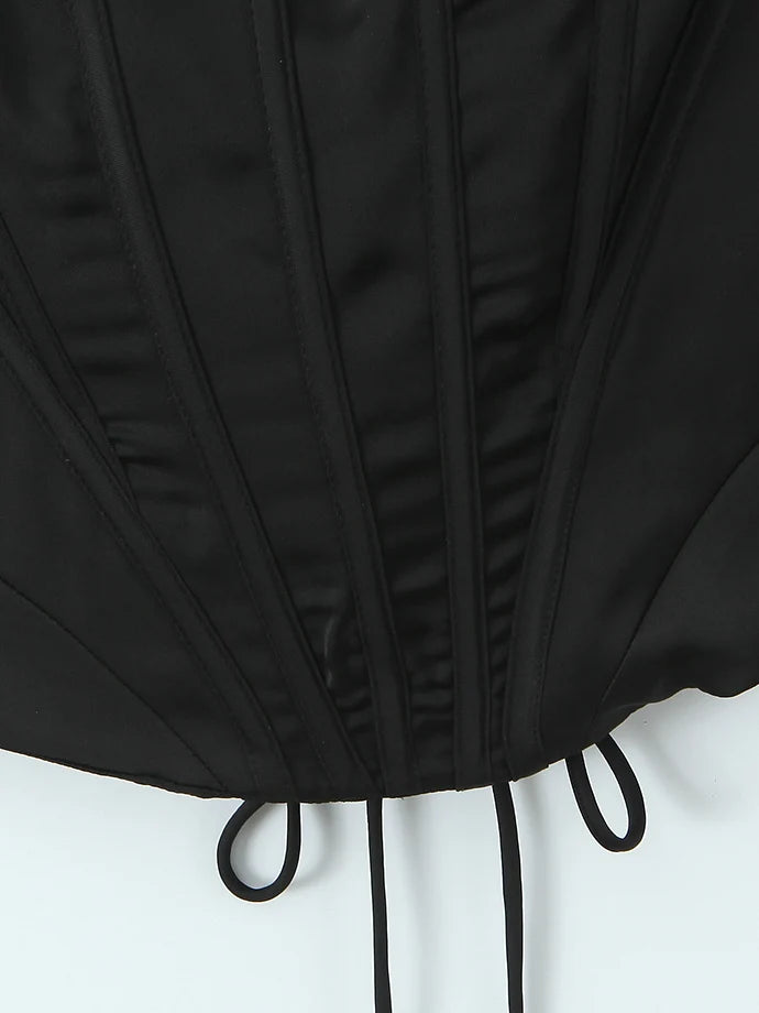 Retro Black Fishbone Tie Waist Corset Women's Sexy Lace Trim Satin Strap Vest Slim Fit Polyester Short Length  Color