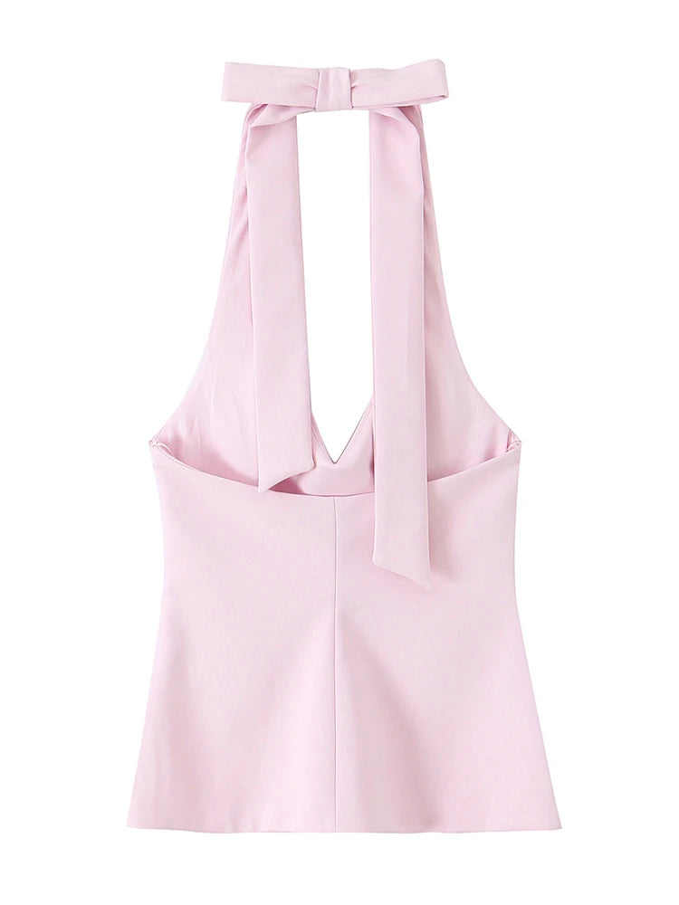 Chu Sau beauty Women New Fashion Sweet Bow Chic Sleeveless Small Tops Vintage Halter V-Neck Sexy Backless Tank Top
