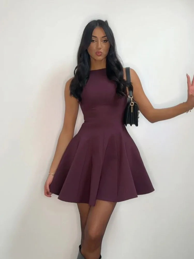 HH Women Summer Sexy Sleeveless Solid Casual Mini Dress Female Vintage Chic High Street Slim Rear Zipper Pleated Dress