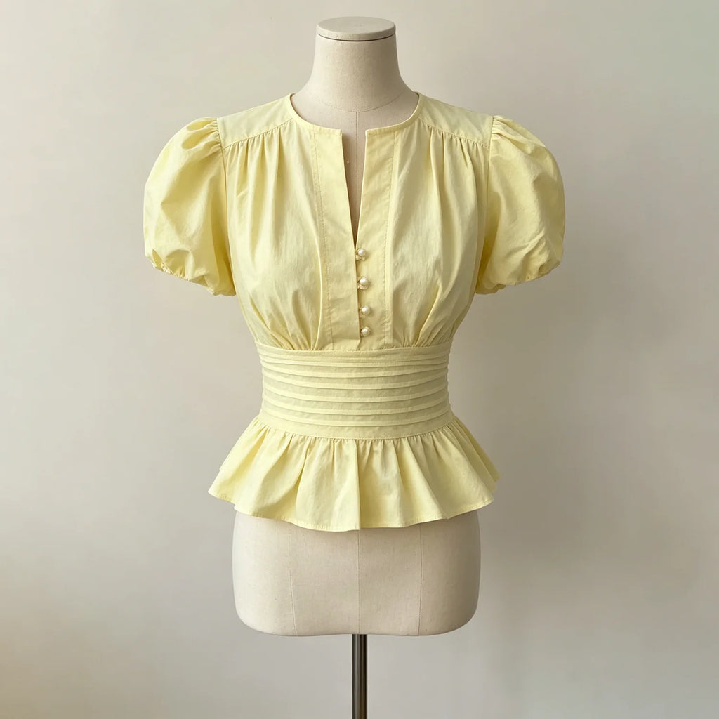 LIMO 2026 Women White Ruffle Sleeve Peplum Blouse V-Neck Elastic Waist Elegant Casual Top