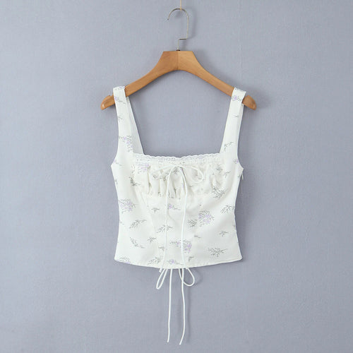 2025 Summer Sexy Floral Print Corset Camis Women Cross Lacing Up Bandage Bow Back Tank Top Slim Fit Vest Tee