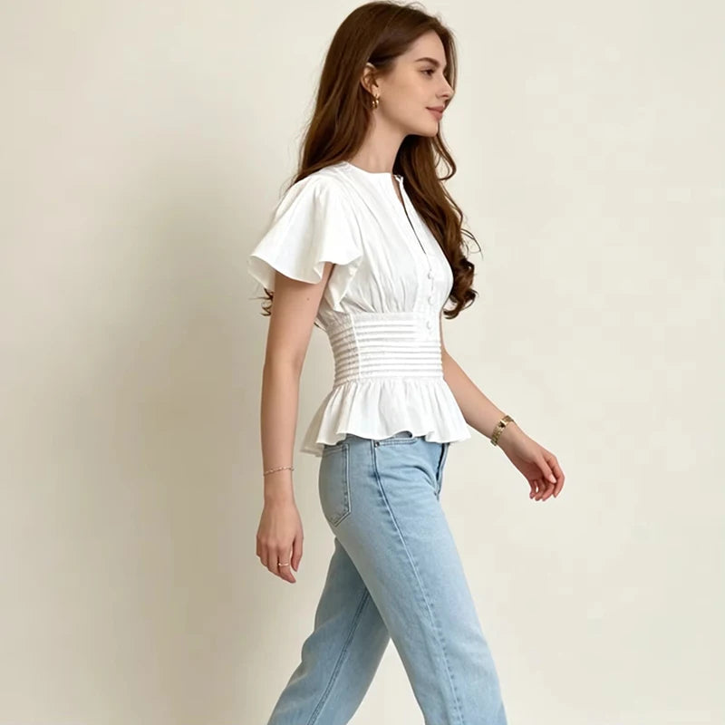 LIMO 2026 Women White Ruffle Sleeve Peplum Blouse V-Neck Elastic Waist Elegant Casual Top