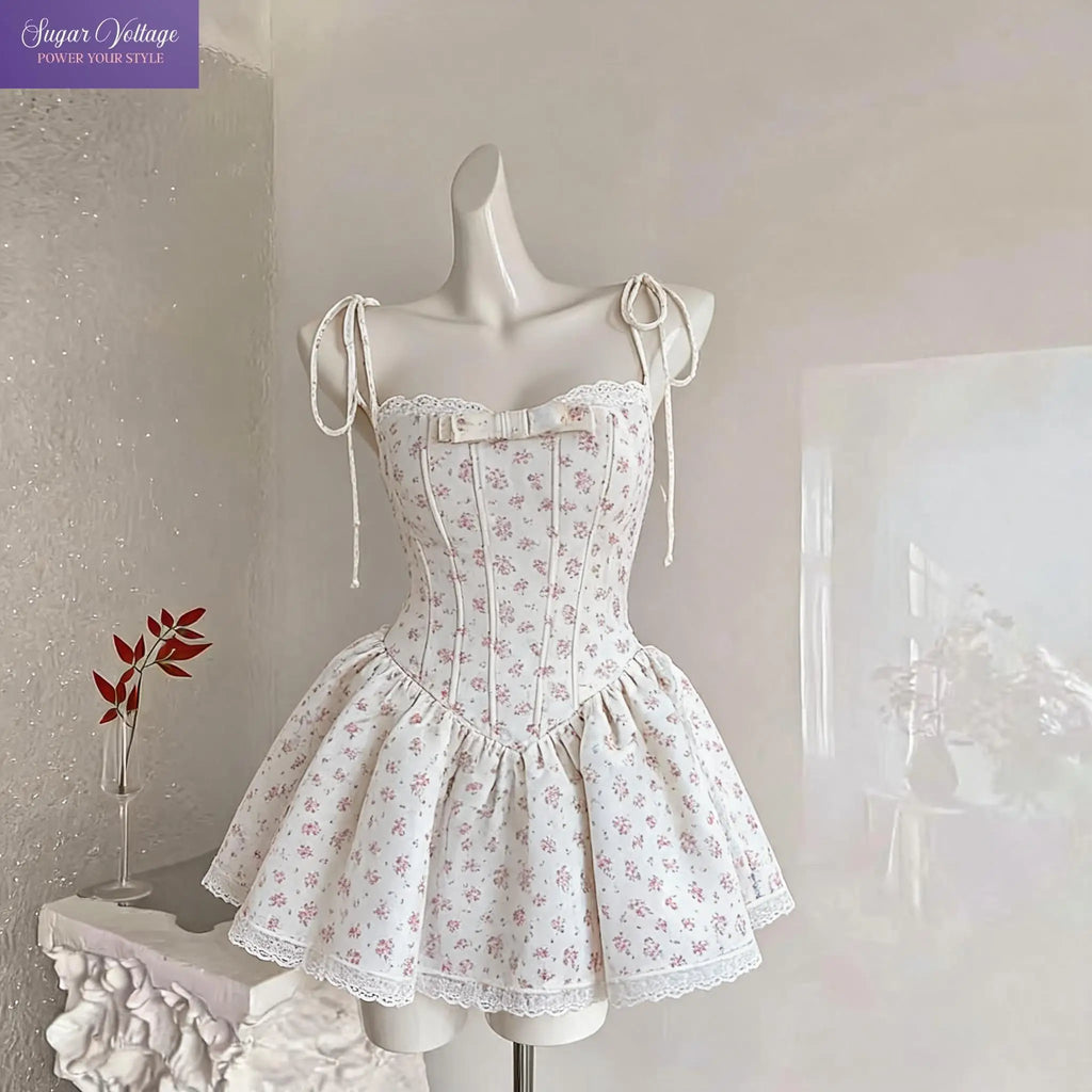 French Coquette Summer Floral Print Corset Mini Dress Women Slim Fit Lace Bow Spaghetti Strap Elegant Party Date Night Outfit