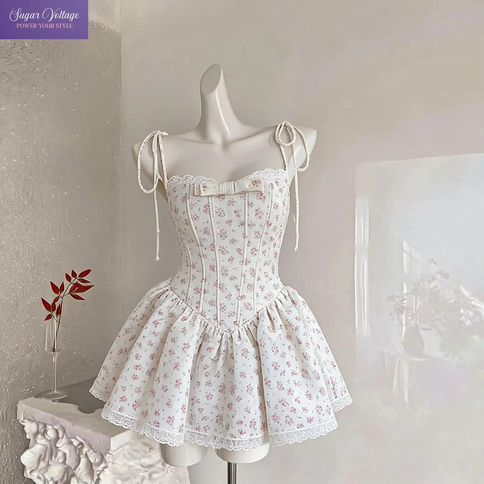 French Coquette Summer Floral Print Corset Mini Dress Women Slim Fit Lace Bow Spaghetti Strap Elegant Party Date Night Outfit