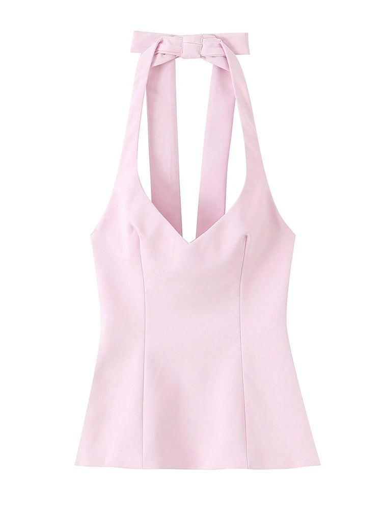 Chu Sau beauty Women New Fashion Sweet Bow Chic Sleeveless Small Tops Vintage Halter V-Neck Sexy Backless Tank Top