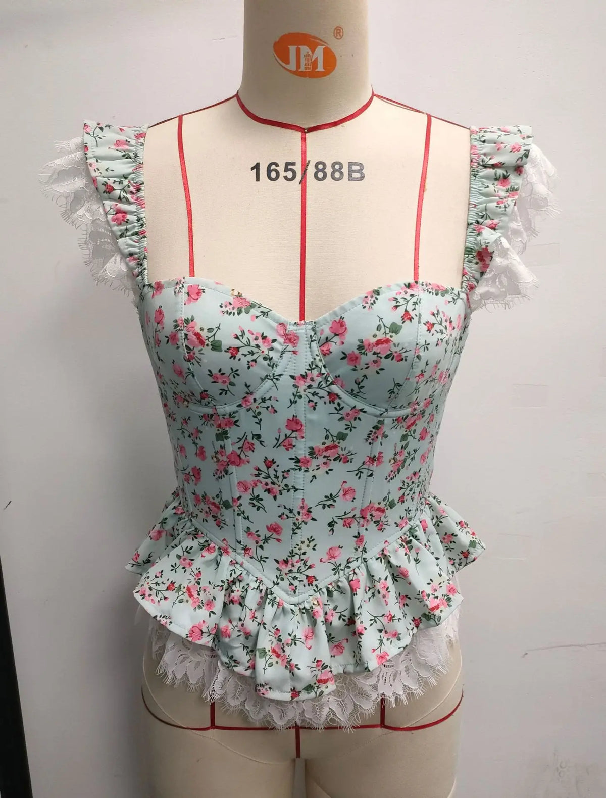 Floral Print Corset Top Ruffle Strap Lace Hem Peplum Bustier Sweet Back Lace‑Up Slim Fitted Vintage Crop Top for Ladies