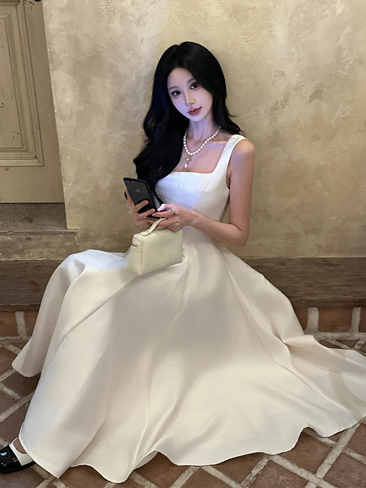 ReddaChic Backless Bow Long Women Dress Elegant Simple Square Neck Ruffle Tank Party Gown Wedding Guest Cutecore Summer Clothes