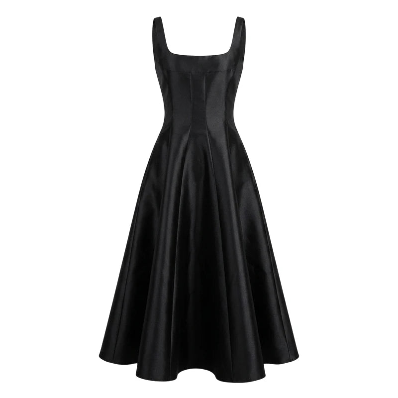 ReddaChic Simple Sleeveless Satin Dress for Women Wedding Guest Ruffled Square Neck Tank Long Dress Graduation Summer Costume