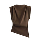 Round neck slim fit tank top with fashionable and sexy slanted edges simple pleats strapless decoration soft padded shoulder top