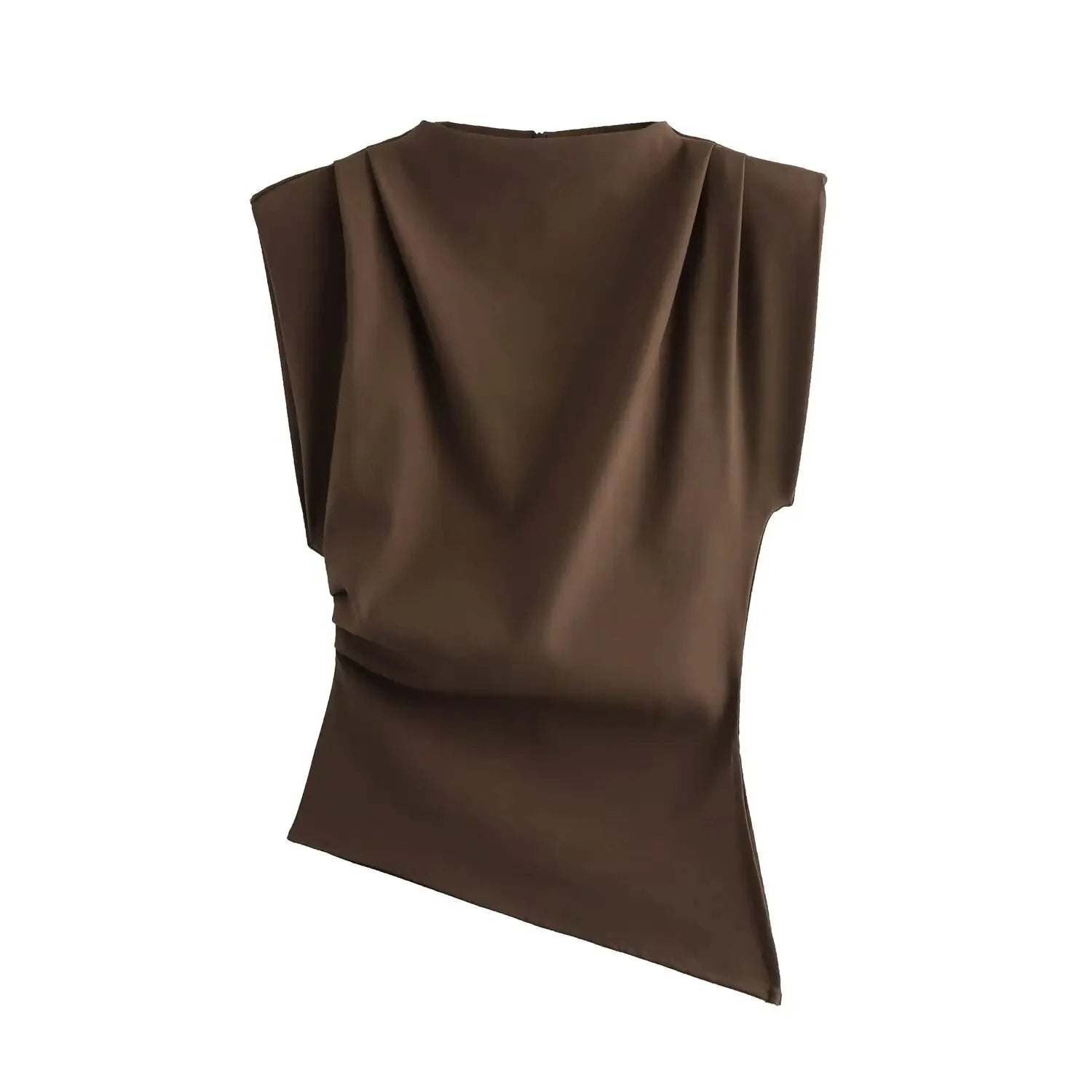 Round neck slim fit tank top with fashionable and sexy slanted edges simple pleats strapless decoration soft padded shoulder top