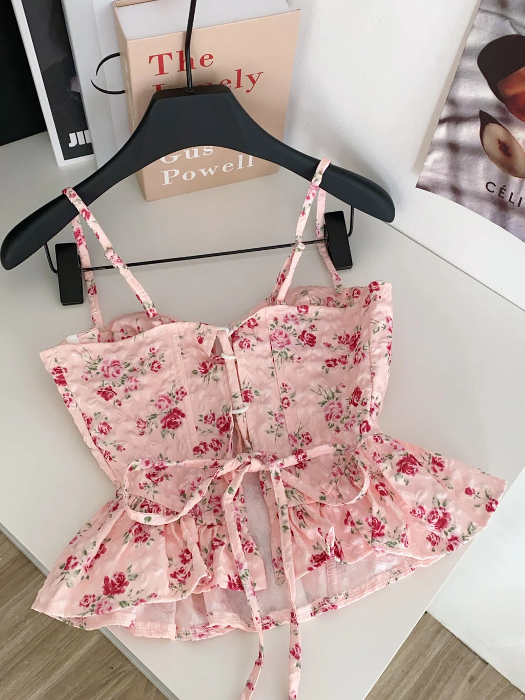 Sweet Spicy Floral Print Crop Top Women's Summer Pure Desire Versatile Bell Bottom Sleeveless Vest Belted Waist Halter Neck