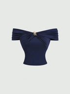 Women's Sexy Off-Shoulder Pleating Metal Buckle Decor Crop Top Casual Slim Fit Strapless Solid Color Top Summer 2026
