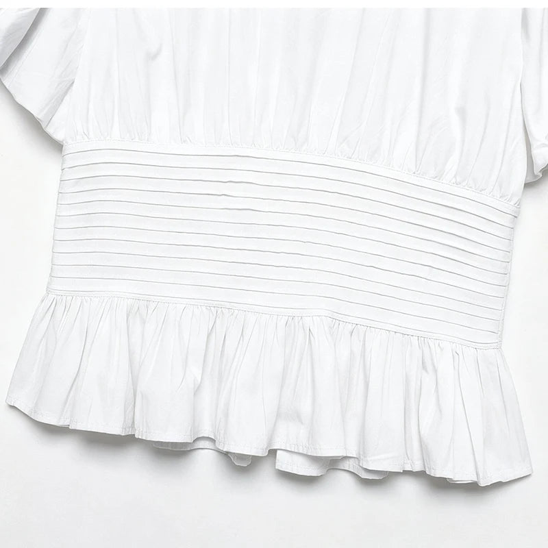 LIMO 2026 Women White Ruffle Sleeve Peplum Blouse V-Neck Elastic Waist Elegant Casual Top