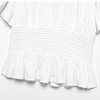 LIMO 2026 Women White Ruffle Sleeve Peplum Blouse V-Neck Elastic Waist Elegant Casual Top