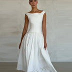 Chic Vintage White Boat Neck Dress Embroidered Cap Sleeve Cutwork Hem High Waist Flowy A-line Gown 2026 New Evening Party Outfit
