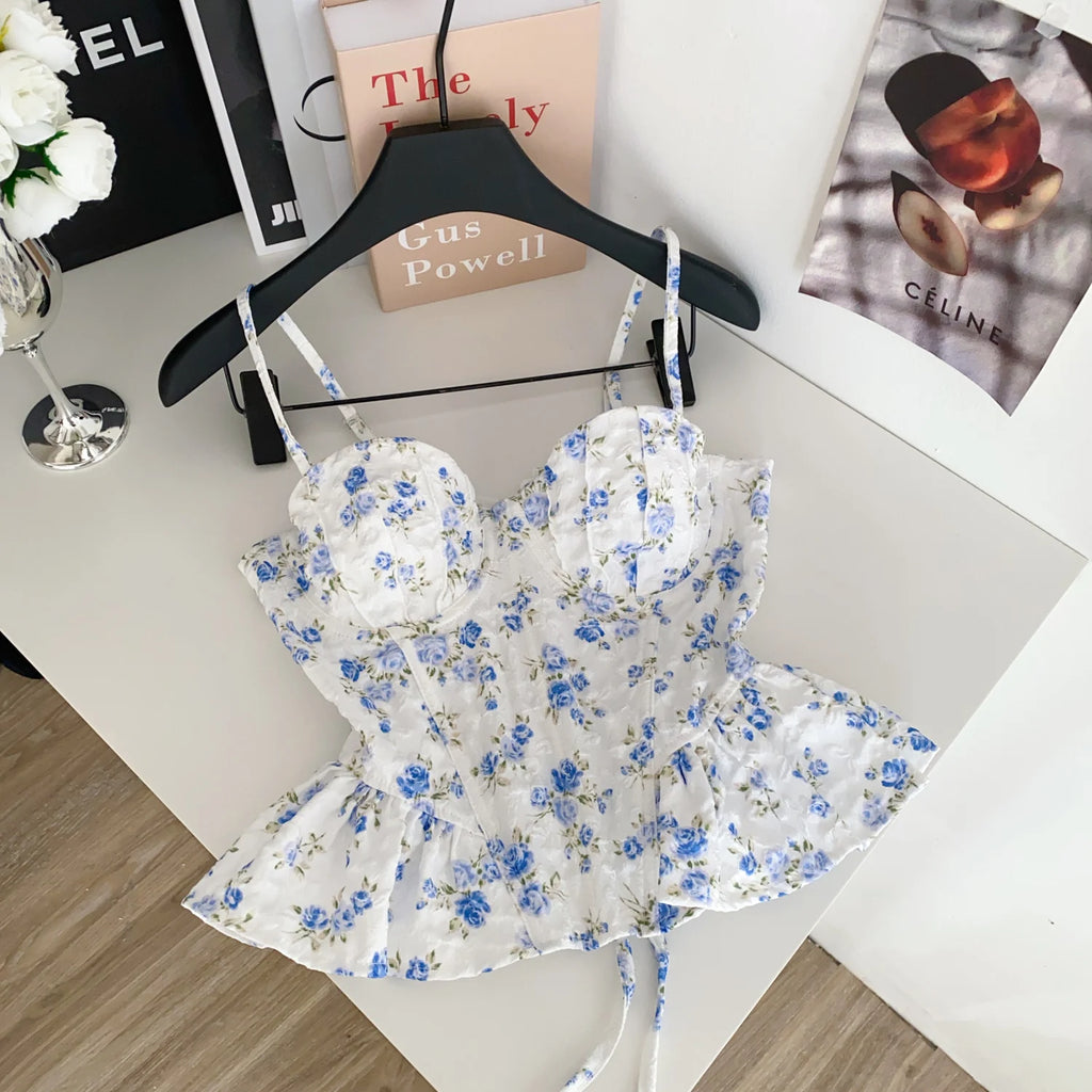 Sweet Spicy Floral Print Crop Top Women's Summer Pure Desire Versatile Bell Bottom Sleeveless Vest Belted Waist Halter Neck