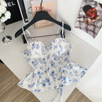 Sweet Spicy Floral Print Crop Top Women's Summer Pure Desire Versatile Bell Bottom Sleeveless Vest Belted Waist Halter Neck