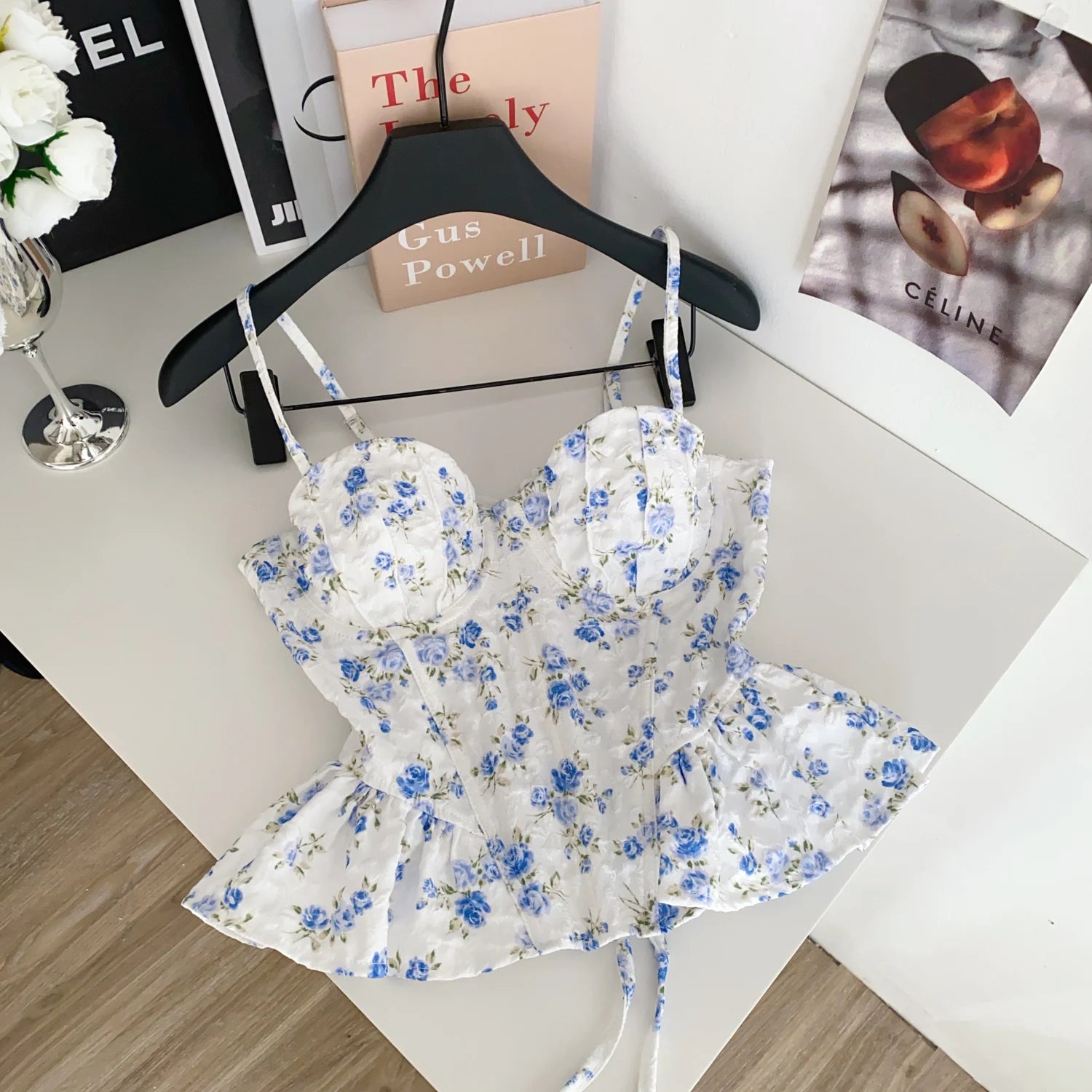 Sweet Spicy Floral Print Crop Top Women's Summer Pure Desire Versatile Bell Bottom Sleeveless Vest Belted Waist Halter Neck