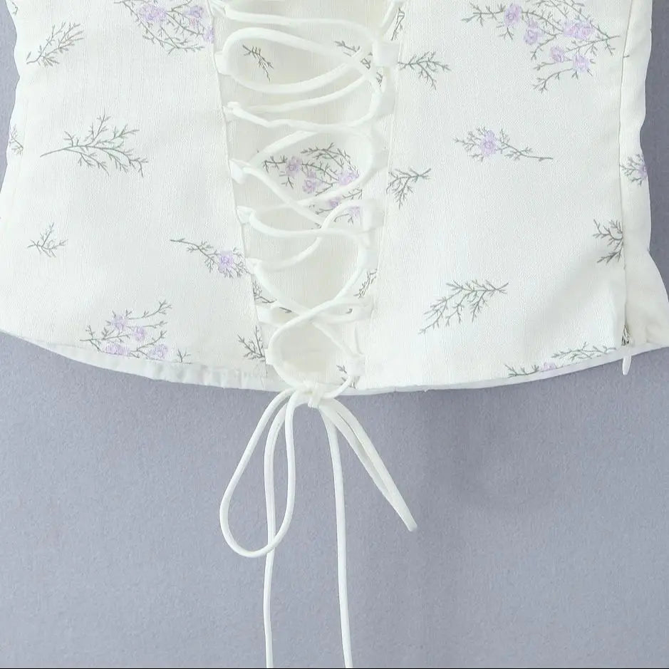 2025 Summer Sexy Floral Print Corset Camis Women Cross Lacing Up Bandage Bow Back Tank Top Slim Fit Vest Tee