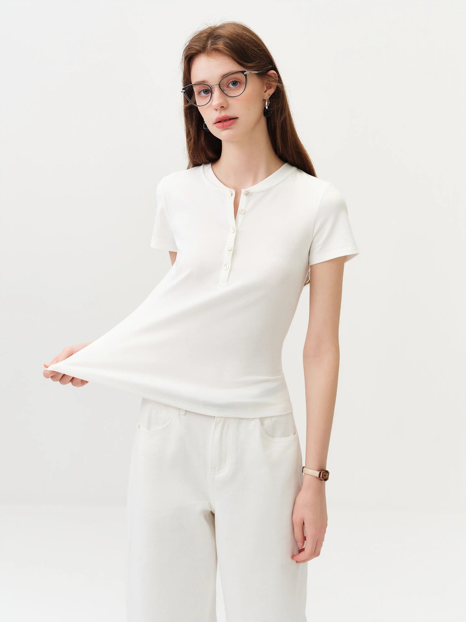 FSLE New Summer Women's Fitted Short Sleeve White T-Shirt with Buttons Soft Cotton Lyocell Office Commute Daily Versatile Top