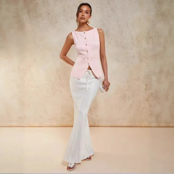 Gold Single-Button Sleeveless Knitted Vest Top Cross-Border Style Elegant Commute Fashion for Women in 2026 Spring Season