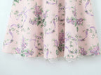 2025 Romantic Pink Floral Print Bow Ruched Bra Chest Sling Dress Women Low Waist Fold Swing Lace Lining Midi Long Dresses Robe