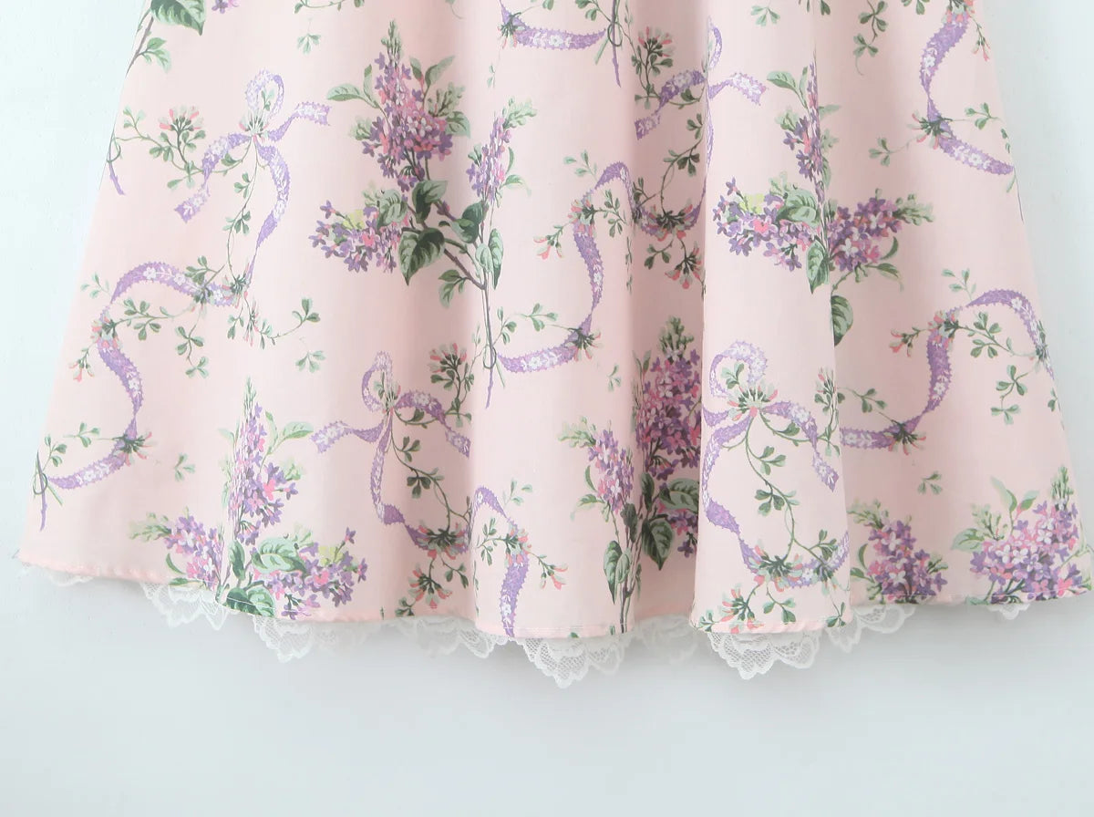 2025 Romantic Pink Floral Print Bow Ruched Bra Chest Sling Dress Women Low Waist Fold Swing Lace Lining Midi Long Dresses Robe