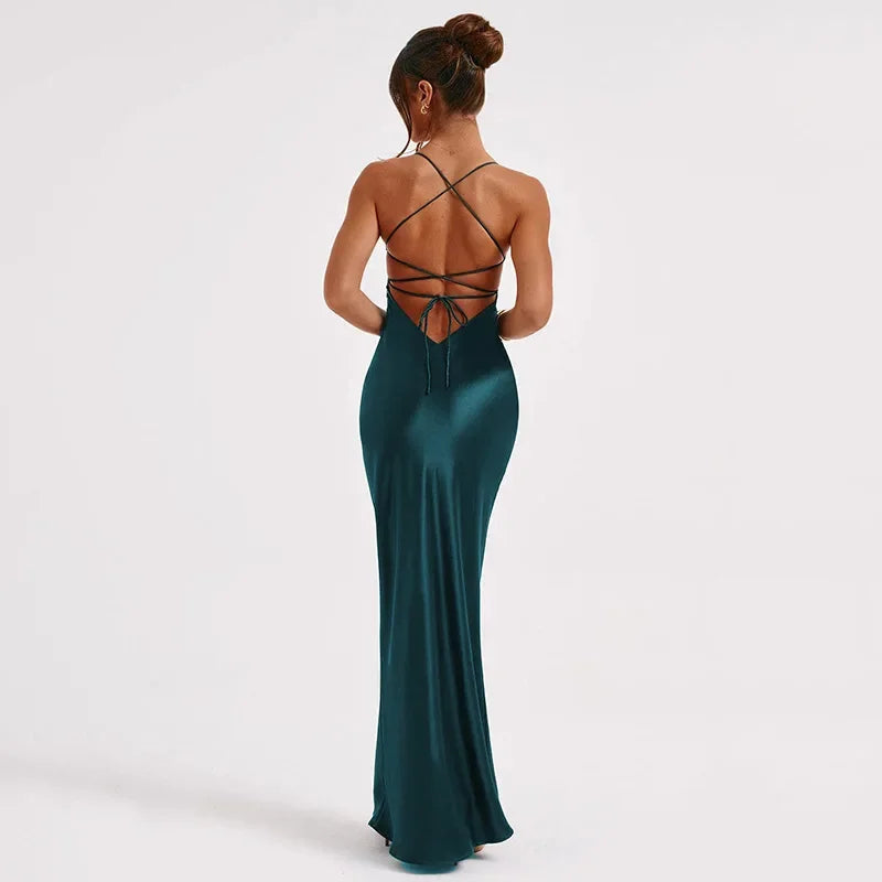 New Fashion Backless Women's Evening Dresses Slash Neck Spaghetti Strap Satin Dress Spring and Summer High Waist Slim Lady Dress