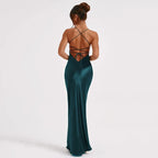New Fashion Backless Women's Evening Dresses Slash Neck Spaghetti Strap Satin Dress Spring and Summer High Waist Slim Lady Dress