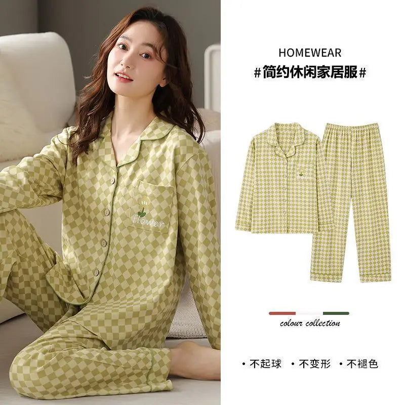 Spring Autumn Loose Long Sleeve Sleepwear Thin Home Clothes Set for Women Cotton Comfortable Home Suit Large Size Options