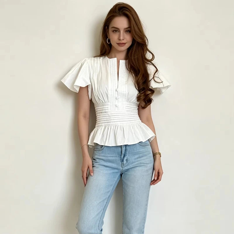 LIMO 2026 Women White Ruffle Sleeve Peplum Blouse V-Neck Elastic Waist Elegant Casual Top